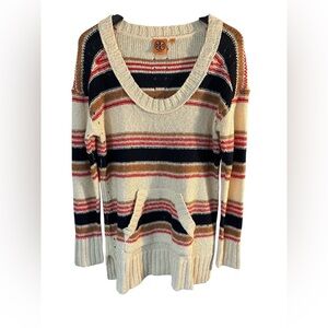 Tory Burch Striped Linen Blend Spring Sweater Sz Med Pocket Tunic Southwestern